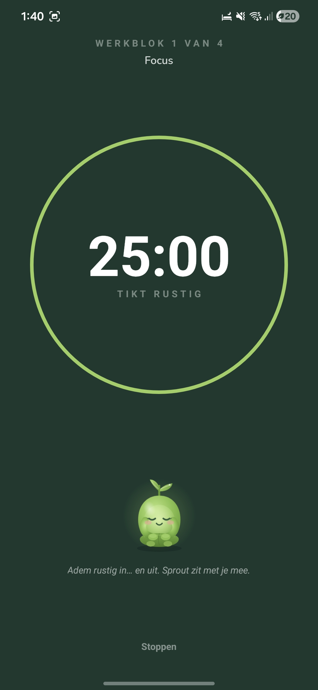 Focus timer at 25:00 with a calm breathing Sprout