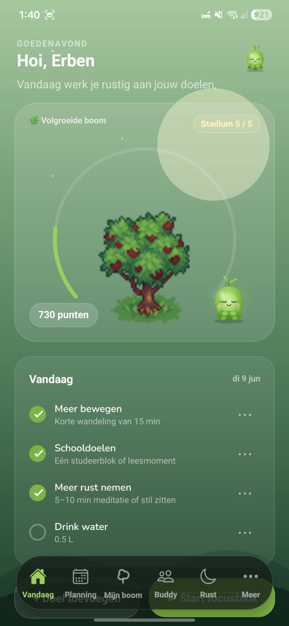 Home screen with greeting, grown tree and today's goals