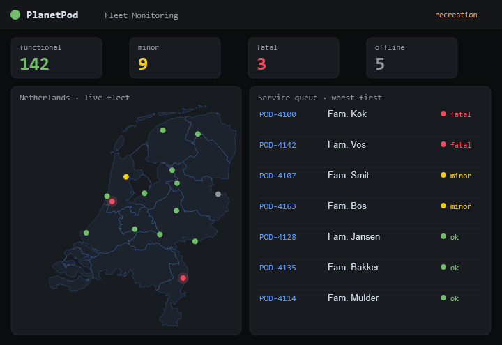 PlanetPod fleet dashboard — map of the Netherlands with pod statuses