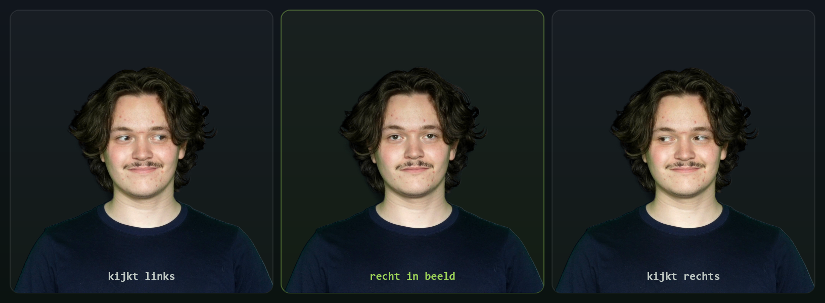 Three aligned portraits: looking left, at camera, and right